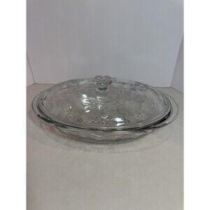 Clear Glass Oval Casserole Dish w/ Lid Floral Embossed Oven-Proof 2 Qt Bakeware